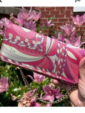 Emilio Pucci Pink Multi-Pattern Leather Wallet with Gold Chain